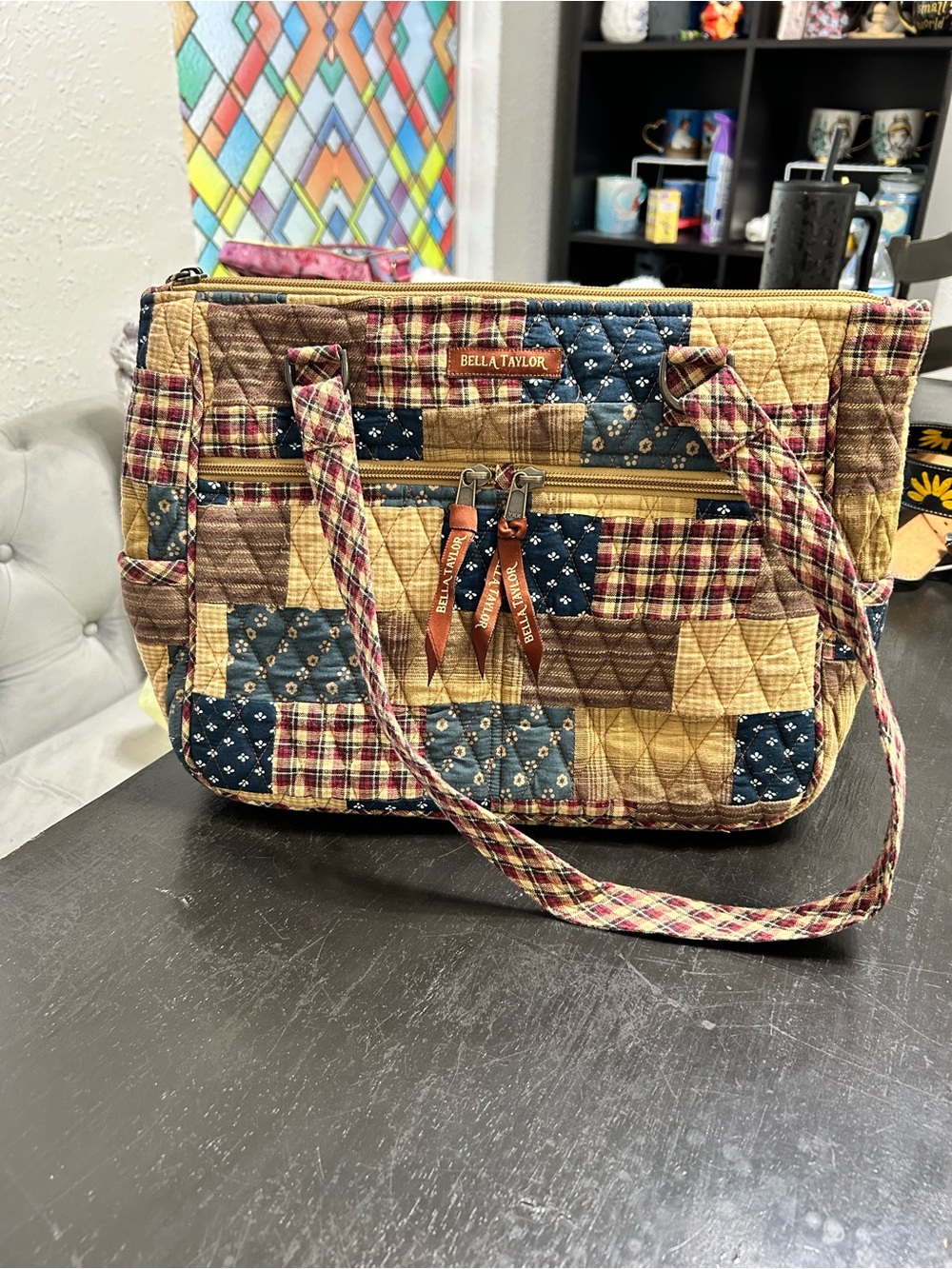 Bella Taylor Patchwork Quilted Shoulder Bag in Blue & Brown
